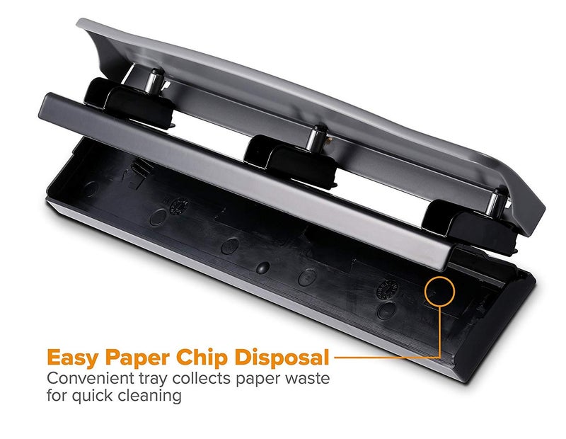Bostitch Office Premium 3 Hole Punch, 12 Sheet Capacity, Metal, Rubber Base, Easy-Clean Tray, Silver, Gray - Image 4